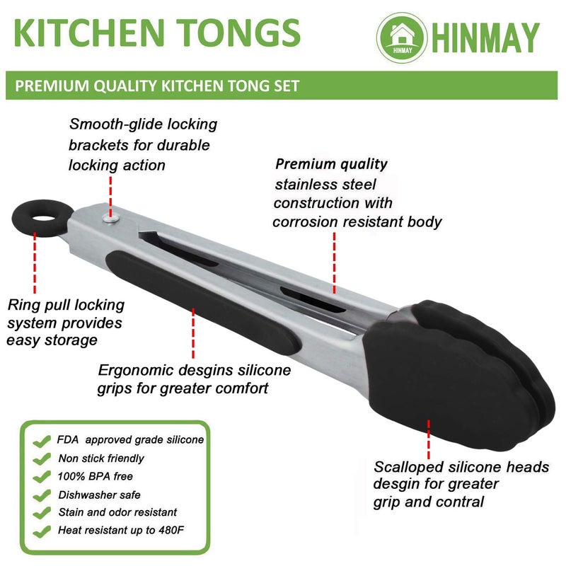 HINMAY Small Serving Tongs with Silicone Tips 7 Inch Mini Stainless Steel Food Tongs, Set of 3 (Black) - Image 3